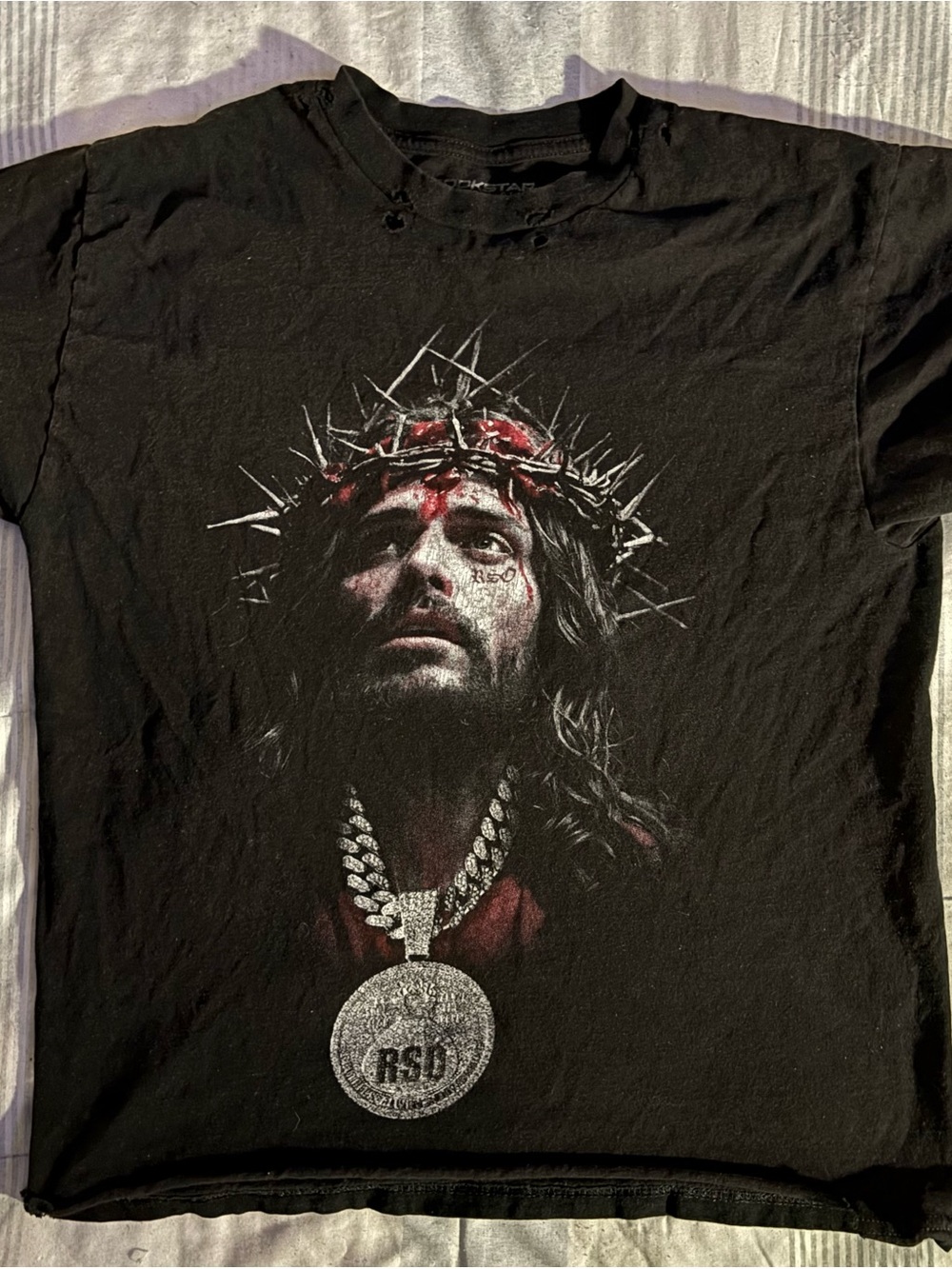 Black Graphic Men’s Short Sleeve T-Shirt with Religious Portrait Print